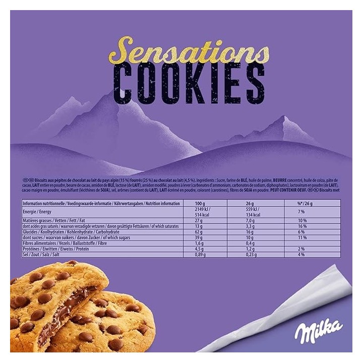 Cookies Milka SENSATION - 1 Paquet de 12 Cookies aux Pépites de Chocolat au Lait et Cœur Fondant Chocolaté - Format Familial